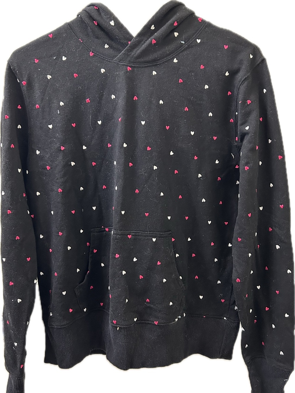 Black Hoodie with Pink & White Heart Pattern